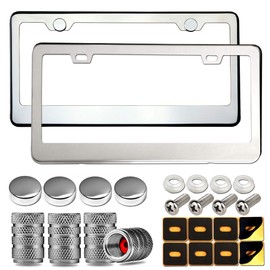 BGGTMO Stainless Steel License Plate Frames- Heavy Duty Metal Car Tag Cover for Front & Rear, 2 Pack Slim Holders with Chrome Screws Caps for Women/Men, Rust/Rattle Proof Pads, Tire Valve Stem Caps