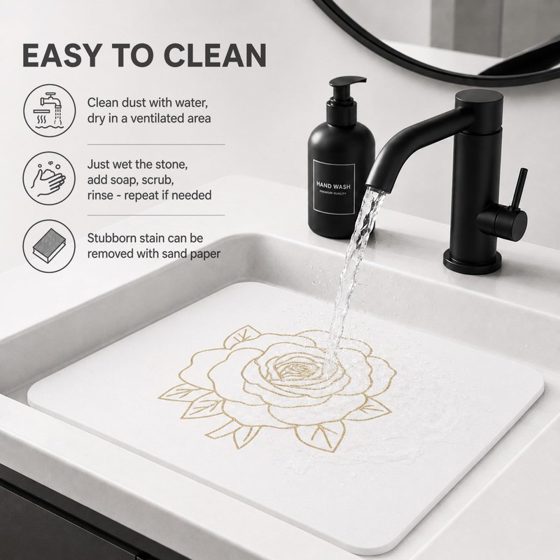 Stone Dish Drying Mat for Kitchen Counter, Glittery Resin Rose