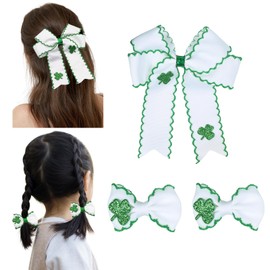 St Patricks Day Green White Hair Bows Set for Women Girls Shamrock Hair Clips Clover Bow Barrettes Accessories (Green C)
