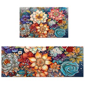 Boho Floral Kitchen Rugs Mats for Floor 2 Piece,Kitchen Mats Cushioned Anti Fatigue,Washable Non Slip Soft Kitchen Area Rug Floor Mat for Kitchen Hallway 20x28+20x47Inch (Floral, 20"x28"+20"x47")