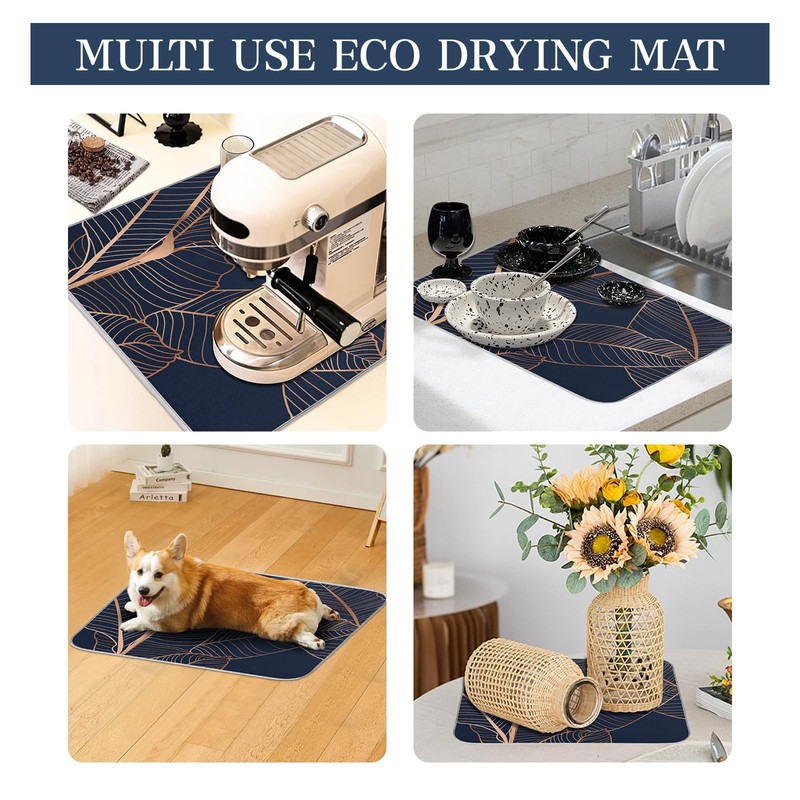 Dish Drying Mat Gold Palm Tree Leaves Navy Blue Microfiber