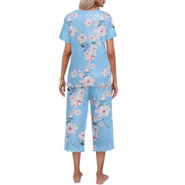Ekouaer Women's Pajamas Set Short Sleeve Top With Capri Pants Pjs Lounge & Sleepwear SetLight Blue/Whit FlowerLarge