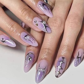 White Gradient Glue on Nails Almond Press on Nails Medium Purple Blooming Fake Nails Silver Lines Pattern Pearl Designs Glossy Nails Press ons Style Artificial Manicure for Girls 24Pcs