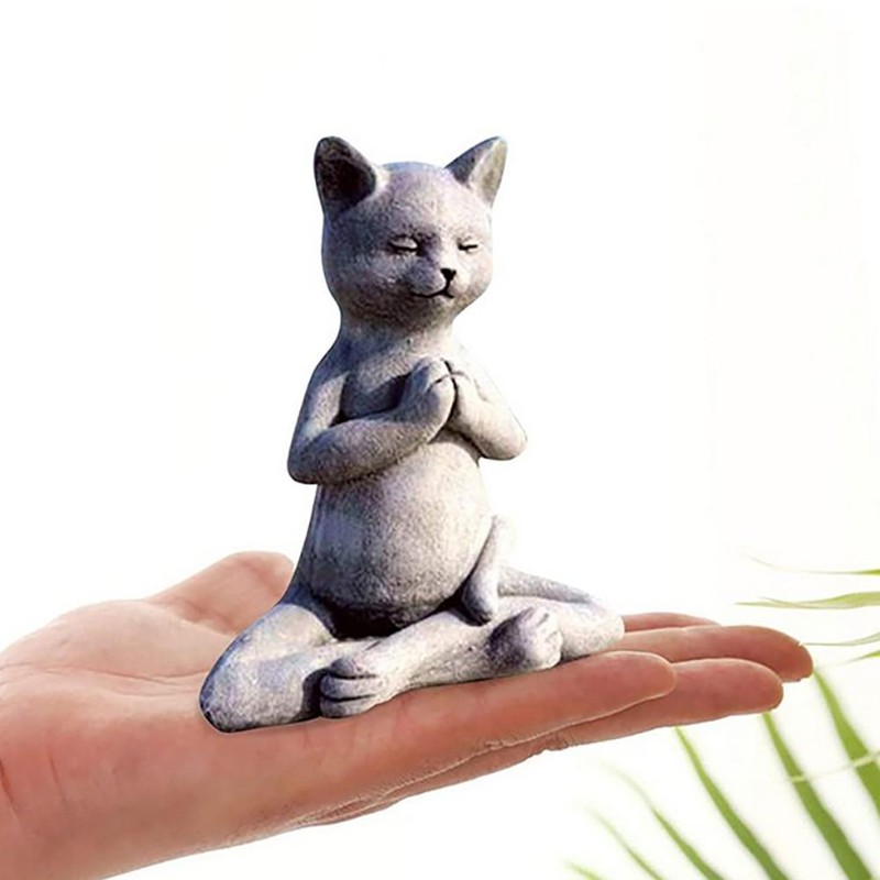 Buddha Cat Statue Zen Prayer Pose Home Memorial Decor Meditation