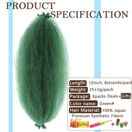 Afro Twist Hair Pre Separated Springy Afro Twist Hair Pre stretched Wrapping Hair for Soft Locs Afro Spring Twist Hair Marley Twist Braiding Hair Extensions (12 Inch (Pack of 3),GREEN#)