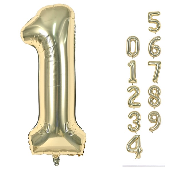 Champagne Gold Number 1 Balloons, 40 In Large Light Gold Number 1 Foil Helium Balloons for Girls Women, Self Inflating Number Balloons 0-9 for Men Boys 1st 10th Birthday Anniversary Party Decoration