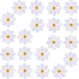 Pndeyo 20pcs Daisy Flower Iron on Patch, Cute Flower Sew on Repair Patch, Floral Embroidered Applique Sewing Accessories for Hat Bag Jackets Jeans Shoes Decoration- White