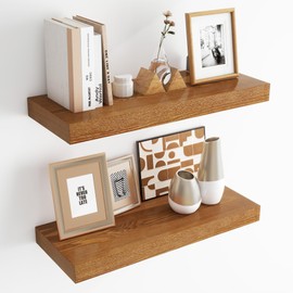 RICHFOCUS Floating Shelves for Wall | 24 Inch Rustic Floating Shelves with Solid Ash Wood Veneer Set of 2 | 9.3 Inch Deep Floating Wall Shelves with Upgraded Brackets | for Living Room Bathroom