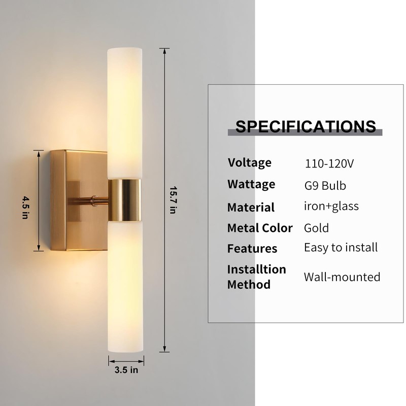 KUZZULL Modern Wall Sconces, Set of 2 Brushed Brass Gold,