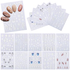 10 Sheets 5D Christmas Nail Art Stickers 5D Embossed Self-Adhesive White Snowflake Nail Decals White Snowman Santa Elk Design for Nail DIY for Women Manicure (Winter)