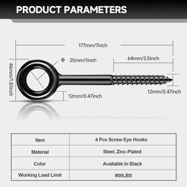7 inch Eye Bolts - 4 Pcs Eyes Hooks Screw Heavy Duty 900 lbs Breaking Strength Black Rust-Resistant, Self Tapping Eyelet Screw for Wood Securing, Hammock Stand, Indoor & Outdoor Use