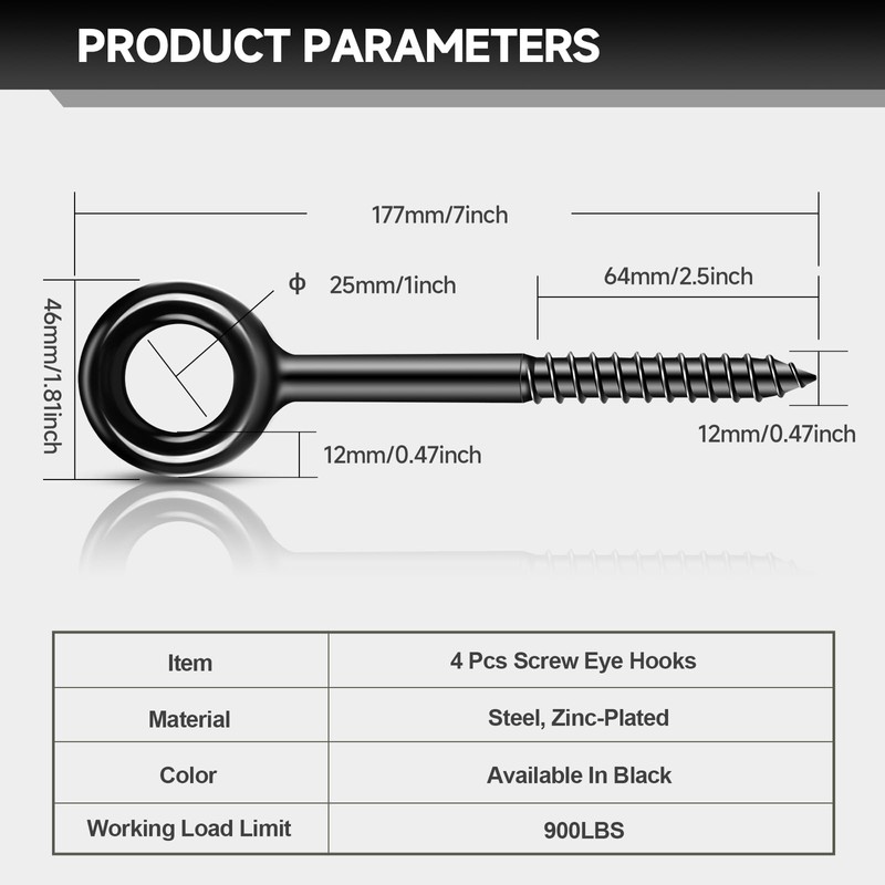 7 inch Eye Bolts - 4 Pcs Eyes Hooks Screw