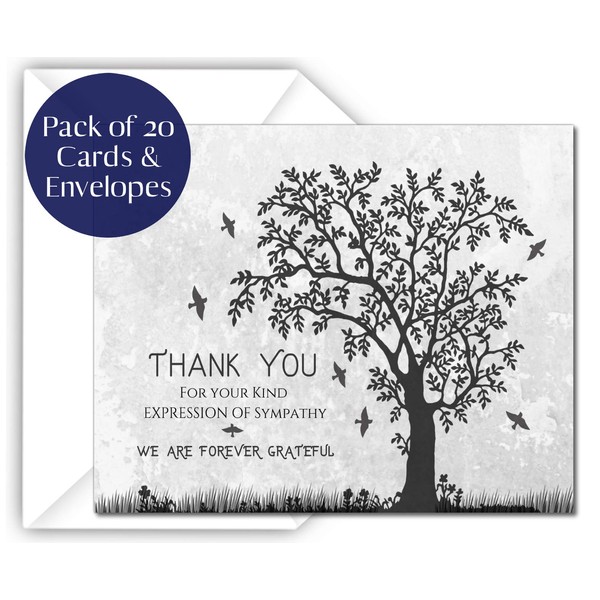 Funeral thank you cards with envelopes Celebration of life Floral Tree acknowledgment memorial Sympathy Christian Thank you notes (20 Pack)
