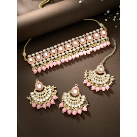 Aheli Traditional Gold Plated Kundan Choker Necklace Chandbali Earring & Maang Tikka Ethnic Jewellery Set Gift for Women