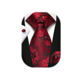 Enlision Ties for Men Red Tie Handkerchief Cufflinks Set Brugundy Floral Tie Silk Woven Flower Men's Necktie Pocket Square for Business Wedding