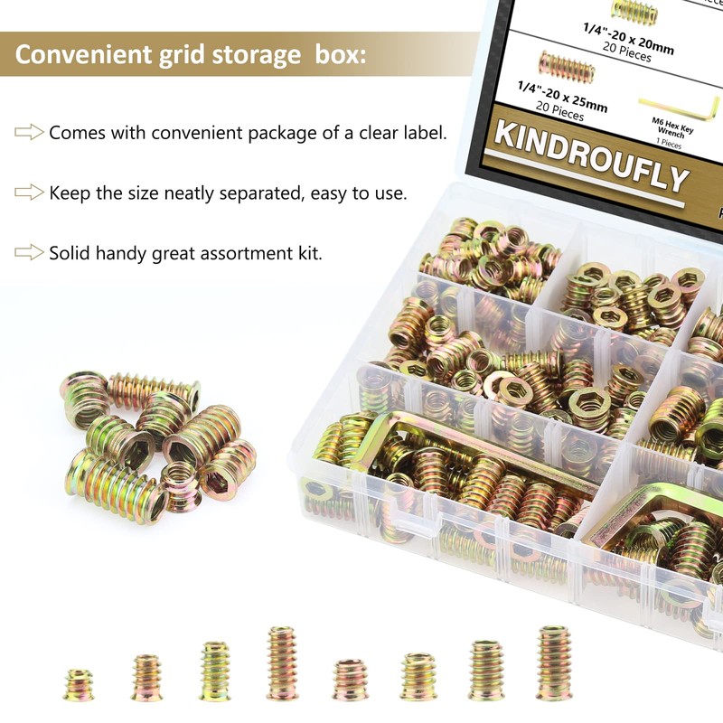 Kindroufly 152 Pieces 1/4"-20, 5/16"-18 Threaded Inserts, Nut Inserts, Wood
