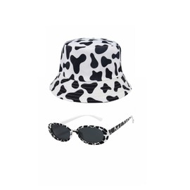 GALPADA Cow Print Bucket Hat Double- Side- Wear Polyester Fisherman Cap Reversible Summer Sun Hat with Vintage Sunglasses for Women Girls