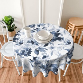 AGAYNA Spring Tablecloth Round 60 Inch Blue Watercolor Flowers Table Cloth,Stain Resistance Polyester Summer Floral Table Covers for Kitchen Dining,Small Tablecloth for Party Picnic