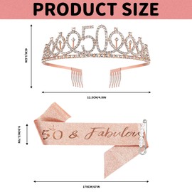 50th Birthday Sash and Tiara, 50 Birthday Rhinestone Crown Birthday Gift for Girls 50th birthday decorations (Rose Gold)