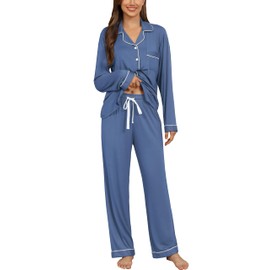 Samring Womens Pajama Set Long Sleeve Button Down Sleepwear 2 Piece Pyjamas Soft Cozy Nightwear Pjs Lounge Sets Blue XXL