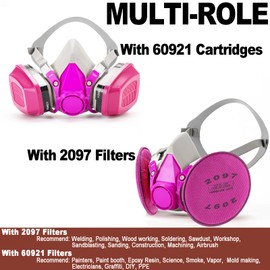 RANKSING Reusable Respirator Gas Mask Half Face Shield 6200 with 60921 and 2097 Filters for Dust, Fumes, Asbestos, Chemicals and Other Particles while Painting, Spraying, Polishing, Medium Pink