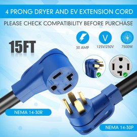 Kanayu 15 FT 4 Prong Dryer/EV Extension Cord 30 Amp NEMA 14-30P to 14-30R for Level 2 EV Charging and Dryer Power Flexible Cable STW 10 Gauge Cord with Grip Handle ETL Listed (Blue and Black)