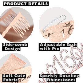 DRESHOW 16th Birthday Crown and Sash for Women 16th Birthday Girls Sash & Rhinestone Tiara Set Hair Accessories for Party