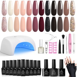 Beetles Gel Nail Polish Kit with U V Light Base Top Coat, 12 Colors Nude Pink Burgundy Red Golden Glitter Holiday Gel Polish Starter Kit Gift for Women Soak off Gel Polish DIY Nail Essential