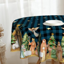 VentuCoven Christmas Nativity 60 inch Round Tablecloth Blue Buffalo Plaid Circle Tablecloths Star Xmas Tree Circular Table Cloth Polyester for Festive Kitchen Holiday Decor