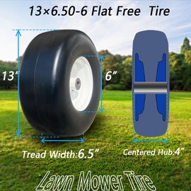 2-Pack 13x6.50-6 Flat Free Tires and Wheel with 4"-5.5"Centered Hub,13"Zero Turn Mower Front Tires with 5/8" extra 3/4" bushings,Solid Tire Assembly for Lawn Mower Garden Tractor.Smooth Tread.