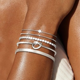 5pcs Chunky Gold Bracelets Stack Chunky Gold Cuff Bangles for Women Non Tarnish Dainty Silver Chain Bracelet Layered Snake Chain Cuban Link Bracelets Pack for Women Trendy 2025