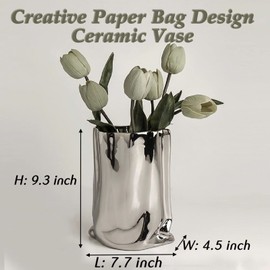 BLOFLO Silver Ceramic Modern Vase Crinkle Fold Paper Bag Handmade Ceramic Vase, Creative Flower Arrangement Ornaments, Decorative Vases for Home Decor, Mantel, Living Room Decoration (Silver)