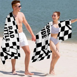 WAITPI Trendy Retro Checkered Beach Towel Set of 2, Checkered Beach Towels Oversized Gifts for Boys Kids, Cool Rad Little Dude Quick Dry Travel Sand Free Towel Decor for Bathroom Swimming Pool 30x60in