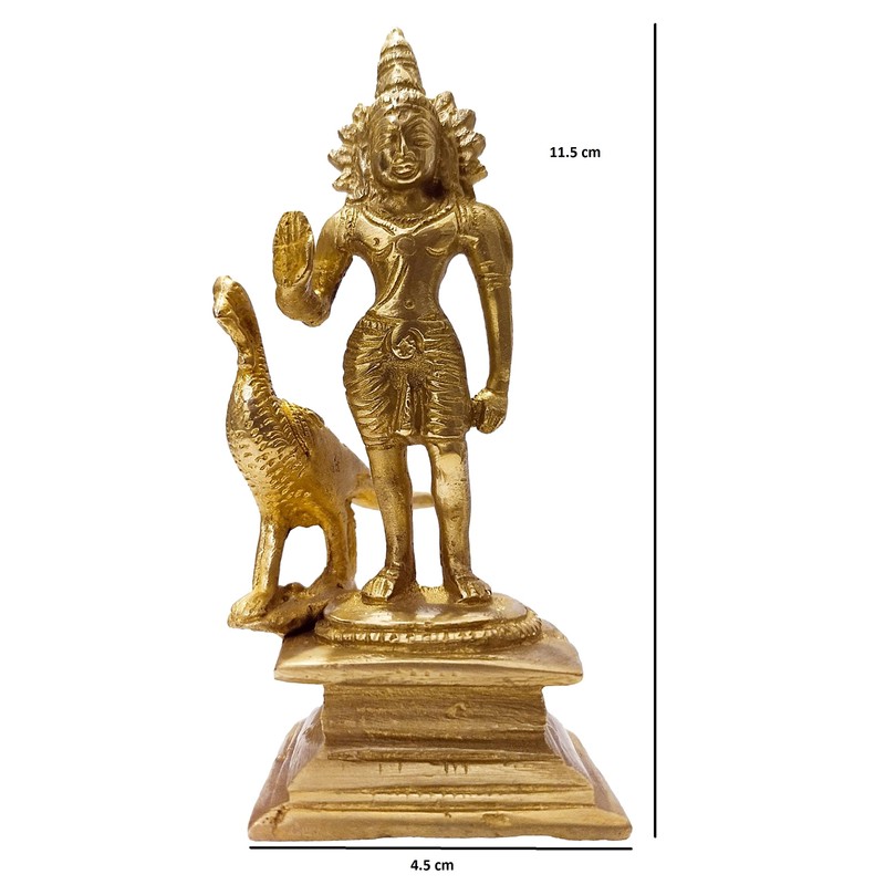 athizay Brass kartikeya Statue with Peacock in Virgin Brass 11cm