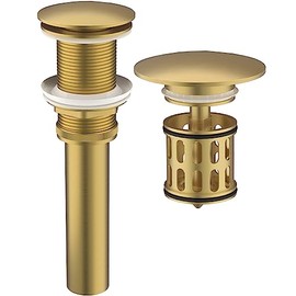 Bathroom Pop up Drain Without Overflow, Anti-Clogging Vessel Sink Drain Strainer, Pop Up Drain with Detachable Basket, Hair Catcher Bathroom Sink Drain Stopper(Brushed Gold, No Overflow)