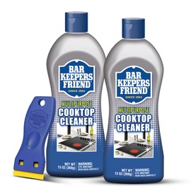 Bar Keepers Friend Cooktop Cleaner (2 x13 oz) + Scraper - Multipurpose Liquid Stovetop Cleanser, Safe for Use on Glass & Ceramic Cooking Surfaces, Copper, Brass, Chrome, Stainless Steel & Porcelain