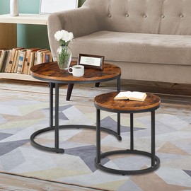 SUPER DEAL Small Round Coffee Tables for Living Room Apartment, Set of 2 Industrial Nesting Side End Table w/Wooden Surface Top and Sturdy Metal Legs Modern Table, Rustic Brown