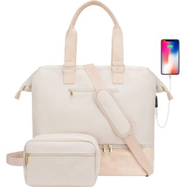 MINKARS Weekender Bag with Shoe Compartment Travel Duffle, Carry On 20 Inch, Beige