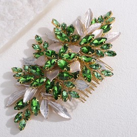 Lenjicons Vintage Flower Leaf Green Rhinestone Hair Comb Golden Flower Leaf Wedding Headpiece Rhinestone Wedding Hair Comb Teardrop Crystal Bridal Headpiece for Women (green)
