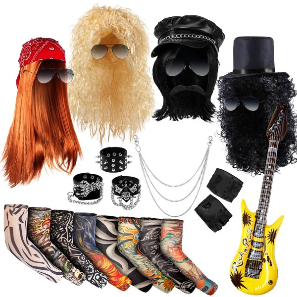 Mepase 26 Pcs Halloween Rock Star 80s Costumes for Men Women, Include 4 Rocker Wigs 3 Spike Studded Leather Bracelet 8 Tattoo Sleeves 4 Sunglasses Studded Gloves Bandana Felt Top Hat Inflatable Guitar