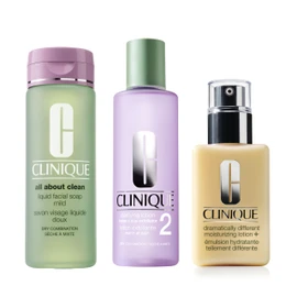 Clinique Clinique 3-Step All About Clean Liquid Face Soap, Clarifying Lotion Face Exfoliator and Dramatically Different Lotion+ For Dry to Dry Combination Skin Types Full Size Set