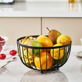 Eden & Willow 25cm Modern Display Fruit Bowl for the Kitchen, Black Wire Metal and Wooden Base