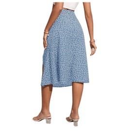 OYOANGLE Falda midi de verano con estampado floral bohemio de cintura alta con abertura en el muslo para mujer, Azul, S