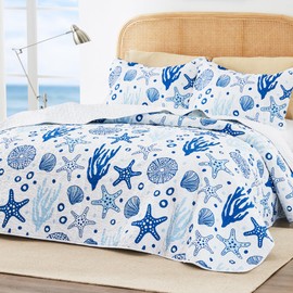 Love's cabin King Size Quilt Bedding Set Coastal White Bedspreads - Summer Beach Nautical Quilt Lightweight Bedspread- Reversible Bedding Coverlet for All Season - 3 Piece (1 Quilt, 2 Pillow Shams)