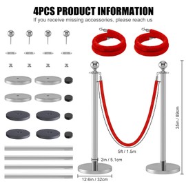 kaiyomi 4Pcs Stanchions Posts with Red Velvet Ropes Set, 5 Feet Crowd Control Barrier Kit for Red Carpet Party Decoration and Ribbon Cutting Ceremony (Silver)
