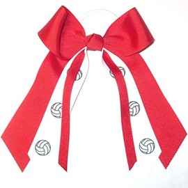 Volleyball Hair Bows, Made in the USA, Many Colors Avail, White Pony Band (Red)