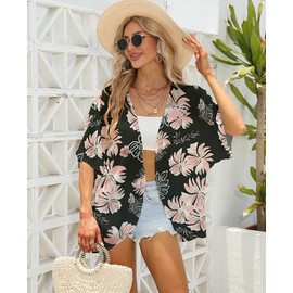 Naivikid Women Leaf Print Kimono Cardigan Sheer Chiffon Loose Casual Open Front Tops Pink Printed Flowers XXXL