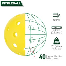 PATIKIL Outdoor Pickleball Balls, 40 Holes Pickleball 12 Pack Pickleball Balls for Amateurs Indoor and Outdoor Sport, Yellow