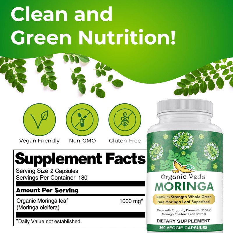 Organic Veda Moringa Leaf Powder Capsules, 1000mg, 360 Count -