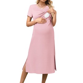 OUGES Womens 2025 Summer Short Sleeve Maternity Nursing Dresses V Neck Breastfeeding Split Long Midi Dress Baby Shower Pregnancy Must Haves Clothes with Pockets(Pink,S)
